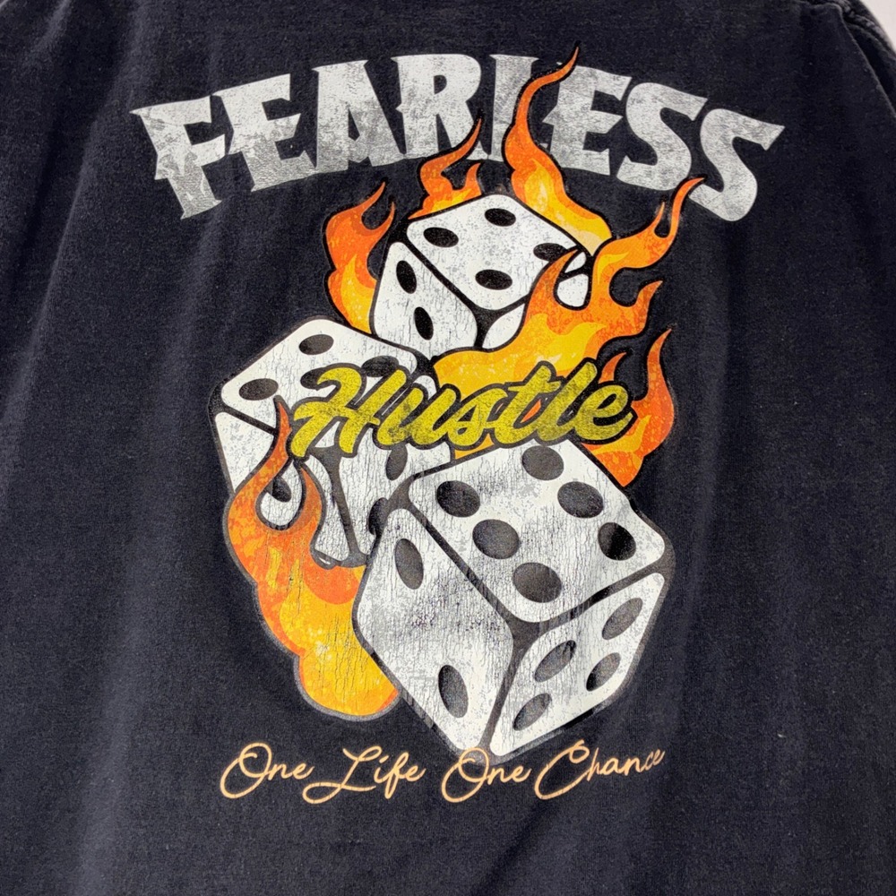 422 Launder Graphic T-Shirt XL Black Fearless‎ Hustle Flaming Dice Embroidered